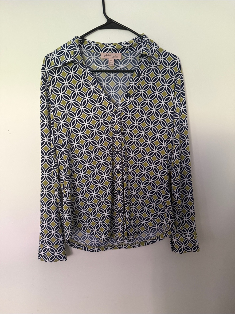 Philosophy Navy and Olive Geometric Button-Front Blouse